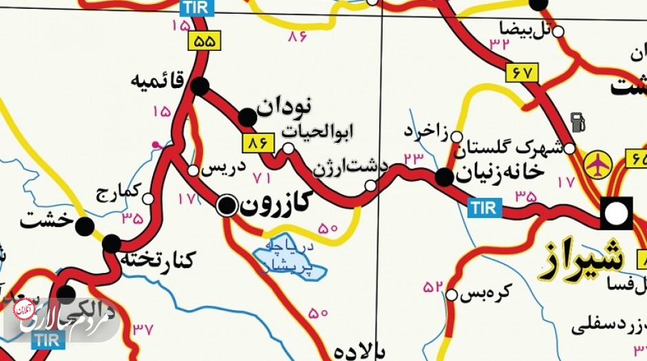 شهرستان کازرون و منطقه قائمیه در این نقشه مشخص هستند.