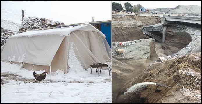 تصاویر بارش برف در مناطق زلزله زده و تخریب پل کن به دلیل وقوع سیل در تهران